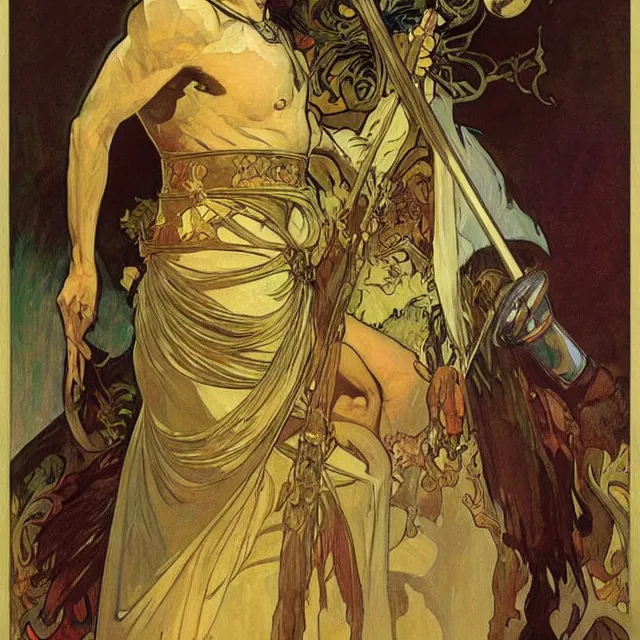 Image similar to an aesthetic! a detailed portrait of a man with a crown, holding a scepter by frank frazetta and alphonse mucha, oil on canvas, art nouveau dungeons and dragons fantasy art, hd, god rays, ray tracing, crisp contour lines, huhd