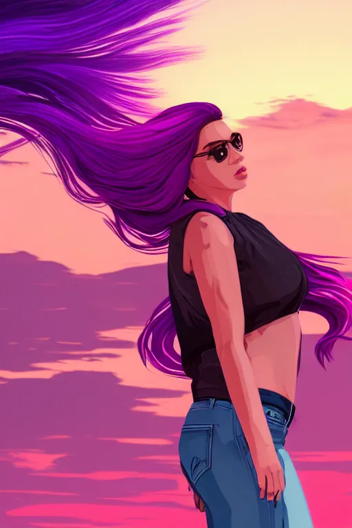 Image similar to a stunning GTA V loading screen with a beautiful woman with ombre purple pink hairstyle, hair blowing in the wind, sunset mood, outrun, vaporware, retro, digital art, trending on artstation