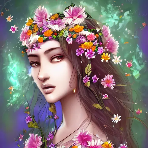 Prompt: beautiful digital drawing of a goddess with flowers surrounding her, qinni, deviantart, trending on artstation