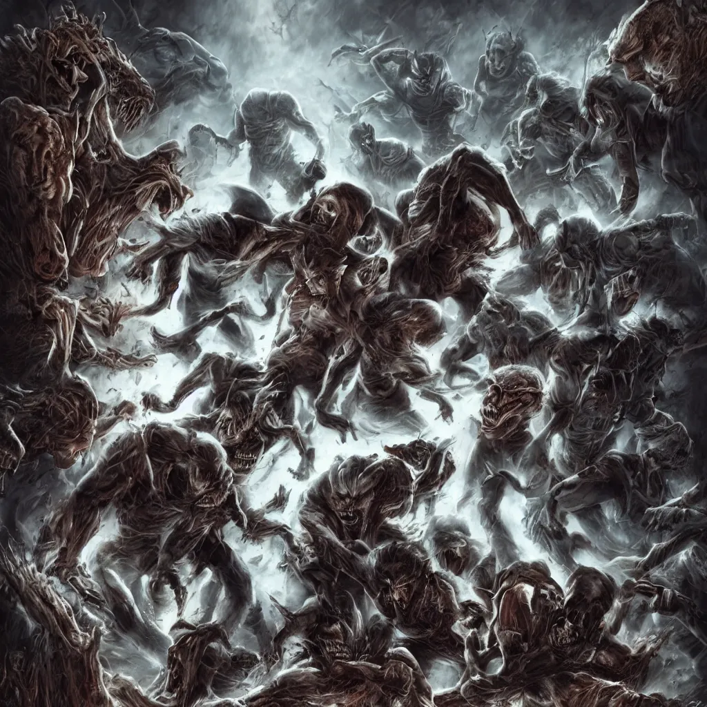 Image similar to ghosts, aliens, werewolf and vampires fighting all together, photorealistic, hd