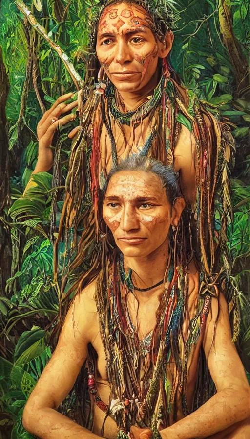 Prompt: a beautiful portrait of an amazonian shaman healer sitting in the jungle, doing a prayer, ayahuasca, high detail painting, fantasy art, highly detailed, realistic face, only one face, starry sky, canopee