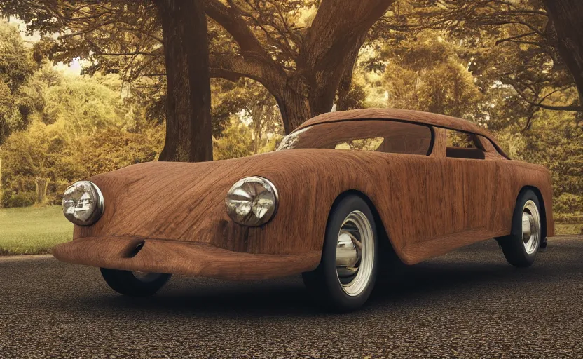 Prompt: car made of wood, luxury HD render, wooden sports car, luxury hardwood, half car half tree, intricate textures and leaves, cinematic shot, high budget advertisement, 4k