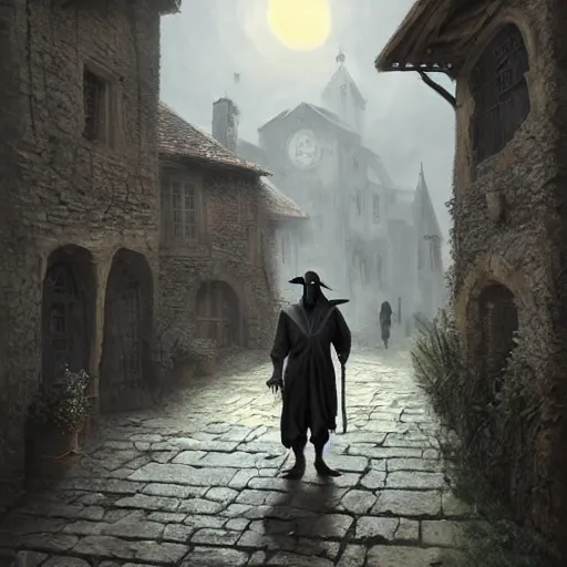 Prompt: Plague Doctor in a medieval village by Greg Rutkowski, photorealistic, volumetric lighting, HD, subtle details, dramatic