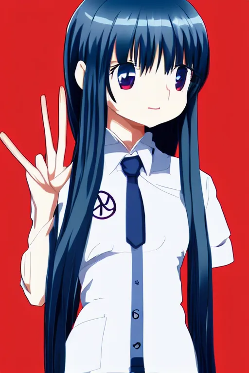 Image similar to full body anime portrait of a cute android girl round eyes long hair dressed in a school uniform inside the school, peace sign, stunning, highly detailed, anatomically correct