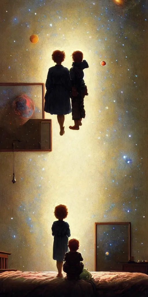 Image similar to a mother and her son looking at the wall of their bedroom and seeing the universe full of galaxies and planets, imagination, part by norman rockwell, part by greg rutkowski, part by mattias adolfsson, high angle, ( ( ( ( volumetric lighting ) ) ) ), oil on canvas