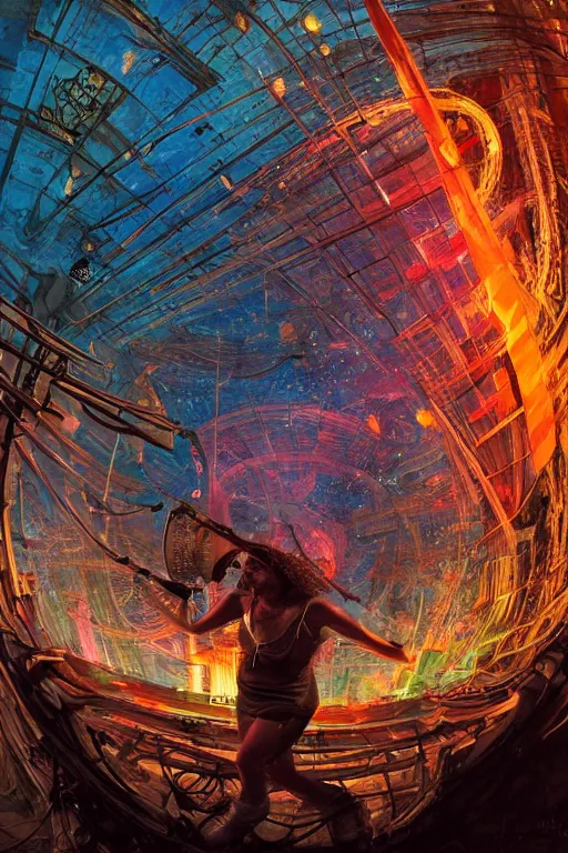 Image similar to a fisheye lens photo of a post apocalyptic tribal dj tweaking and playing synthesizers in the most complicated and technical spiral fractal musical studio, powerful, cinematic, beautifully lit, by donato giancola, by artgerm, by karol bak, 3 d, perfect face and body, trending on artstation, octane render, 8 k