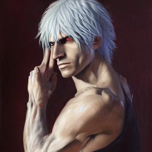 Prompt: a striking hyper real painting of dante from devil may cry by da Vinci, pale blond curly hair