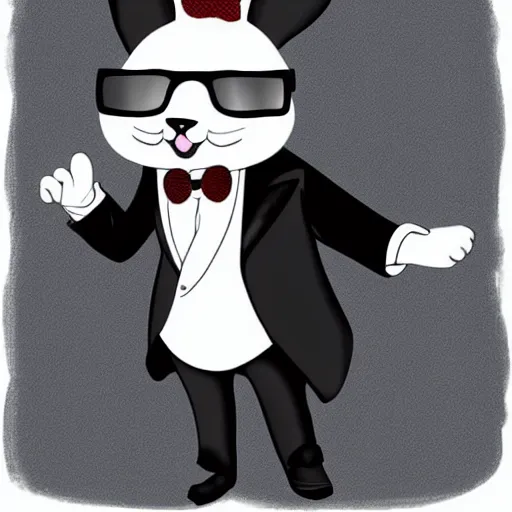 Prompt: cartoon white bunny wearing black tuxedo with black aviators