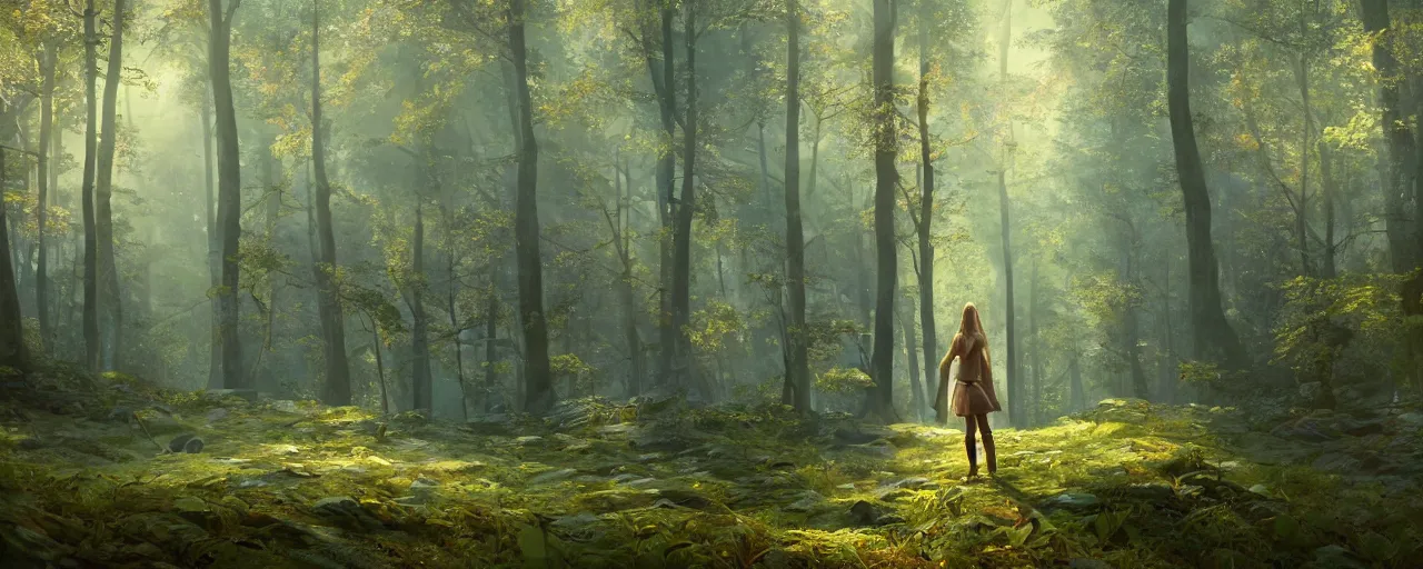 Image similar to a beautiful blonde female heorine standing in a forest, beautiful dynamic lighting, cinematic, wide angle establishing shot, extremely high detail, photo realistic, cinematic lighting, post processed, concept art, artstation, matte painting, style by frederic church, raphael lacoste, unreal engine 8k