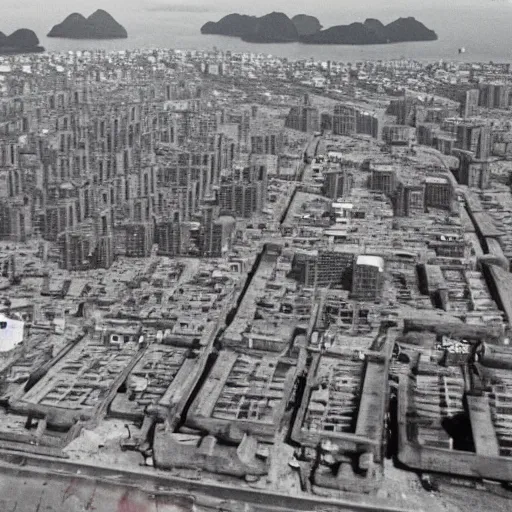 Image similar to brutalist city, prison city, totalitarian prison island, hashima island, wide roads, wide avenues, wide spaces, rundown buildings, military buildings, prison complex, colorized super 8 mm photo