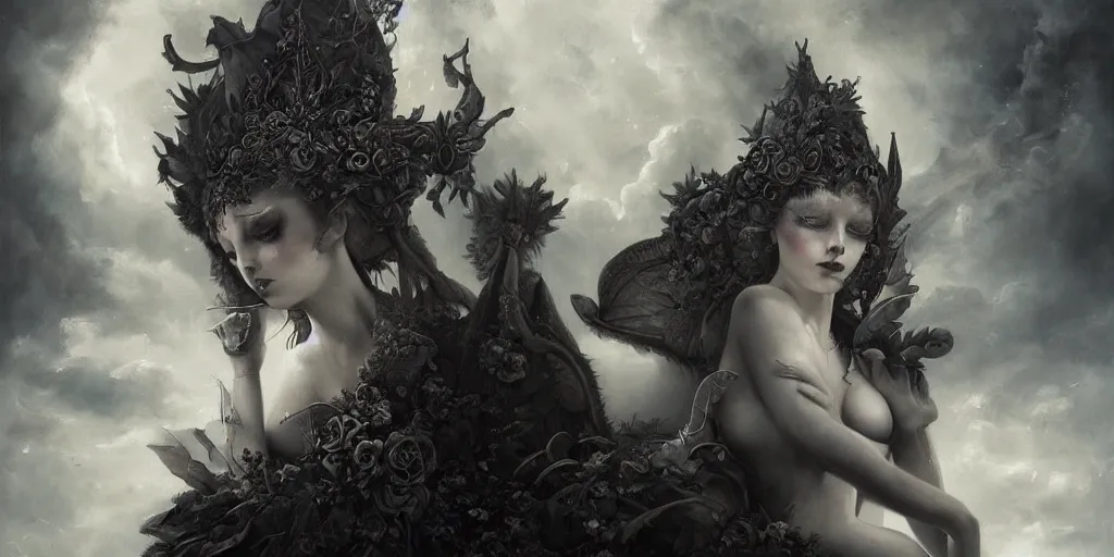 Prompt: By Tom Bagshaw, ultra realist soft painting of curiosities carnival by night, very beautiful horn single female gothic wearing corset sleeping on a overlord of the dead bed, partial symmetry features, very intricate details, omnious sky, black and white, volumetric light clouds