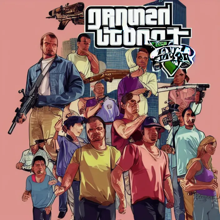 Prompt: GTA5 art cover as 90's game cover illustration style