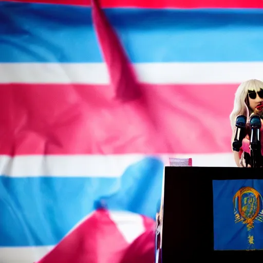 Image similar to Lady Gaga as president, Argentina presidential rally, Argentine flags behind, bokeh, giving a speech, detailed face, Argentina