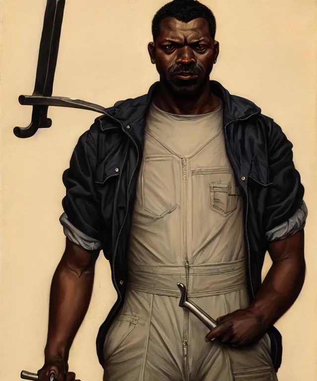 Prompt: Short stocky man holding a wrench, wearing a jumpsuit, portrait, face, black skin, sci-fi, intricate, elegant, highly detailed, digital painting, artstation, concept art, smooth, sharp focus, illustration, art by artgerm and greg rutkowski and alphonse mucha