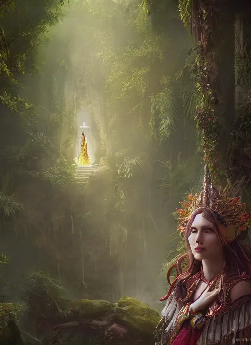 Image similar to Beautiful art portrait of a female fantasy priestess in a bright temple surrounded by lush forest, atmospheric lighting, intricate detail, cgsociety, hyperrealistic, octane render, RPG portrait, ambient light, dynamic lighting