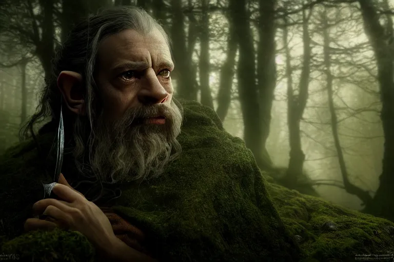 Prompt: an ultra realistic, cinematic, fantasy, portrait, of a sad man / ork, lord of the rings, soft light, facial features, stood in a forest, with victorian clothing, detailed, deep focus, movie still, dramatic lighting, ray tracing, by michal karcz and yoshitaka amano