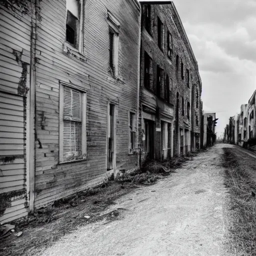 Prompt: walking in the middle of a narrow road in a depression era crammed mid - west town that was abandoned w 6 0 0