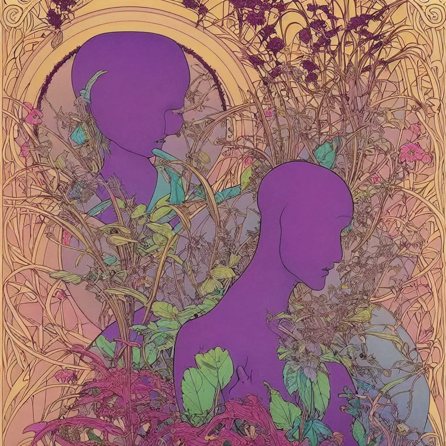 Image similar to ( ( ( beautiful strange forest and flowers and birds surrounded by an art nouveau style decorative frame ) ) ) by mœbius!!!!!!!!!!!!!!!!!!!!!!!!!!!, overdetailed art, colorful, record jacket, cover art design