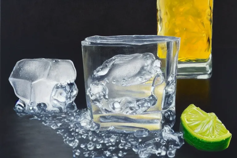 Prompt: award winning oil painting portrait of an ice cube starting to melt in the forefront surrounded by a lime wedge, an empty bottle of tequila and fallen salt shaker. black background