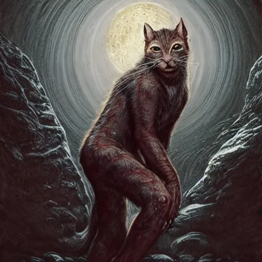 Image similar to photorealistic khajit from skyrim in the style of michael whelan and gustave dore. hyperdetailed photorealism, 1 0 8 megapixels, fully clothed, lunar themed attire, amazing depth, glowing rich colors, powerful imagery, psychedelic overtones, 3 d finalrender, 3 d shading, cinematic lighting, face portrait, artstation concept art