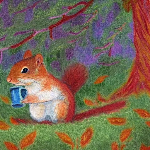 Prompt: Little squirrel drinking hot tea in the tree house rug, Monet painted