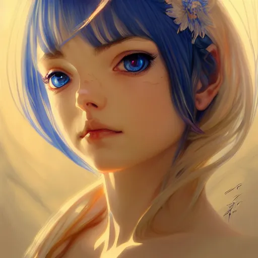 Prompt: portrait of a beautiful cute blonde nisekoi with big blue eyes, fantasy, intricate, elegant, highly detailed, digital painting, artstation, concept art, smooth, sharp focus, illustration, art by artgerm and greg rutkowski and alphonse mucha