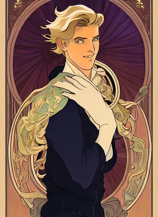 Prompt: well - lit art nouveau portrait of a young man with short blond hair, natural lighting, path traced, highly detailed, high quality, cartoon, digital painting, by don bluth and ross tran and studio ghibli and alphonse mucha