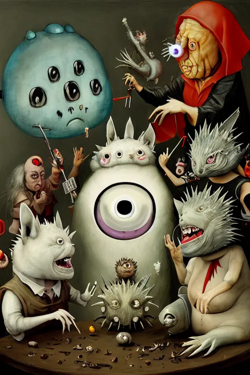 Image similar to hieronymus bosch, greg rutkowski, anna podedworna, painting of two white haired catgirls, a small fat blue godzilla, a pickle in a suit and tie, a cybernetic fox woman, a woman with one eye, a small hedgehog, a man with a shrimp for a head, pointing at a vampire clown with red hair in a vr headset