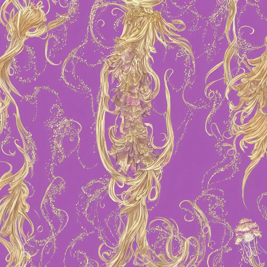 Image similar to purple dress design in the style of rococo ,Victorian era，jellyfish element,Gold roselace,dreamy, soft ,Backlight ,luminescence，Aetherpunk,highly detailed,8k