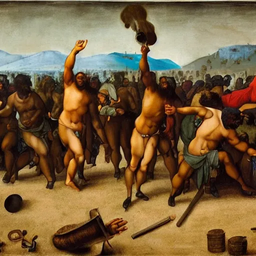 Prompt: Painting of the 2020 black lives matter riots, by Leonardo da Vinci