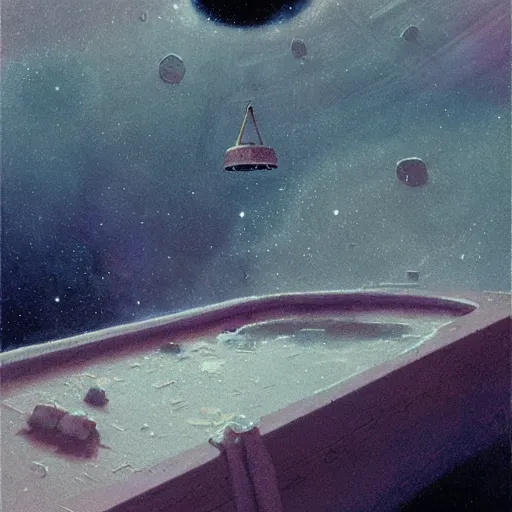 Prompt: A vast ancient derelict bathtub adrift in space, art by John Harris, award-winning masterpiece, trending on ArtStation, @9of9