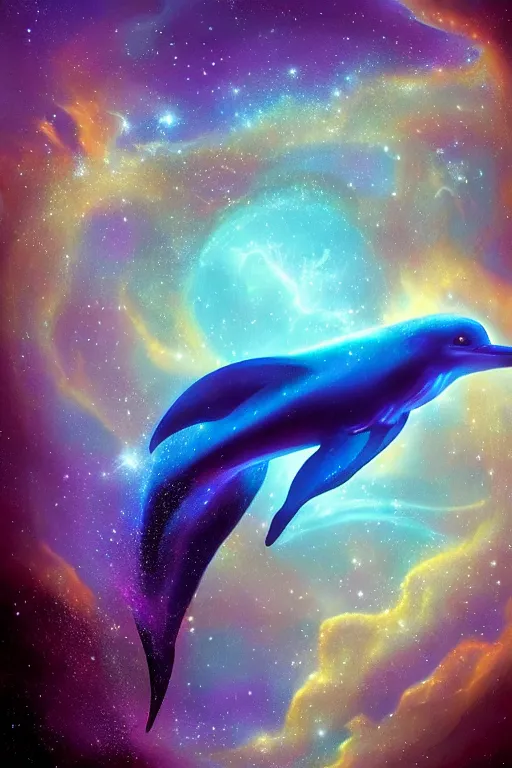 Image similar to Ethereal blue fire dolphin swimming through a nebula, Sirius star system, star dust, cosmic, magical, shiny, glow,cosmos, galaxies, stars, outer space, stunning, by andreas rocha and john howe, and Martin Johnson Heade, featured on artstation, featured on behance, golden ratio, ultrawide angle, hyper detailed, photorealistic, epic composition, wide angle, f32, well composed, UE5, 8k