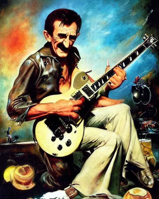 Image similar to barry chuckle ripping a solo on a Gibson Les Paul, heavy metal artwork by Frank Frazetta