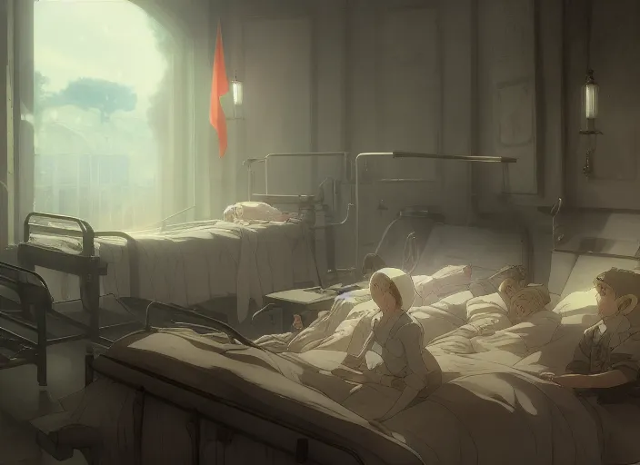 Image similar to 1 8 5 4 crimean war, army hospital in scutari at night, wounded patients in beds on both sides of hospital ward, dark, grimy, finely detailed perfect art, painted by greg rutkowski makoto shinkai takashi takeuchi studio ghibli