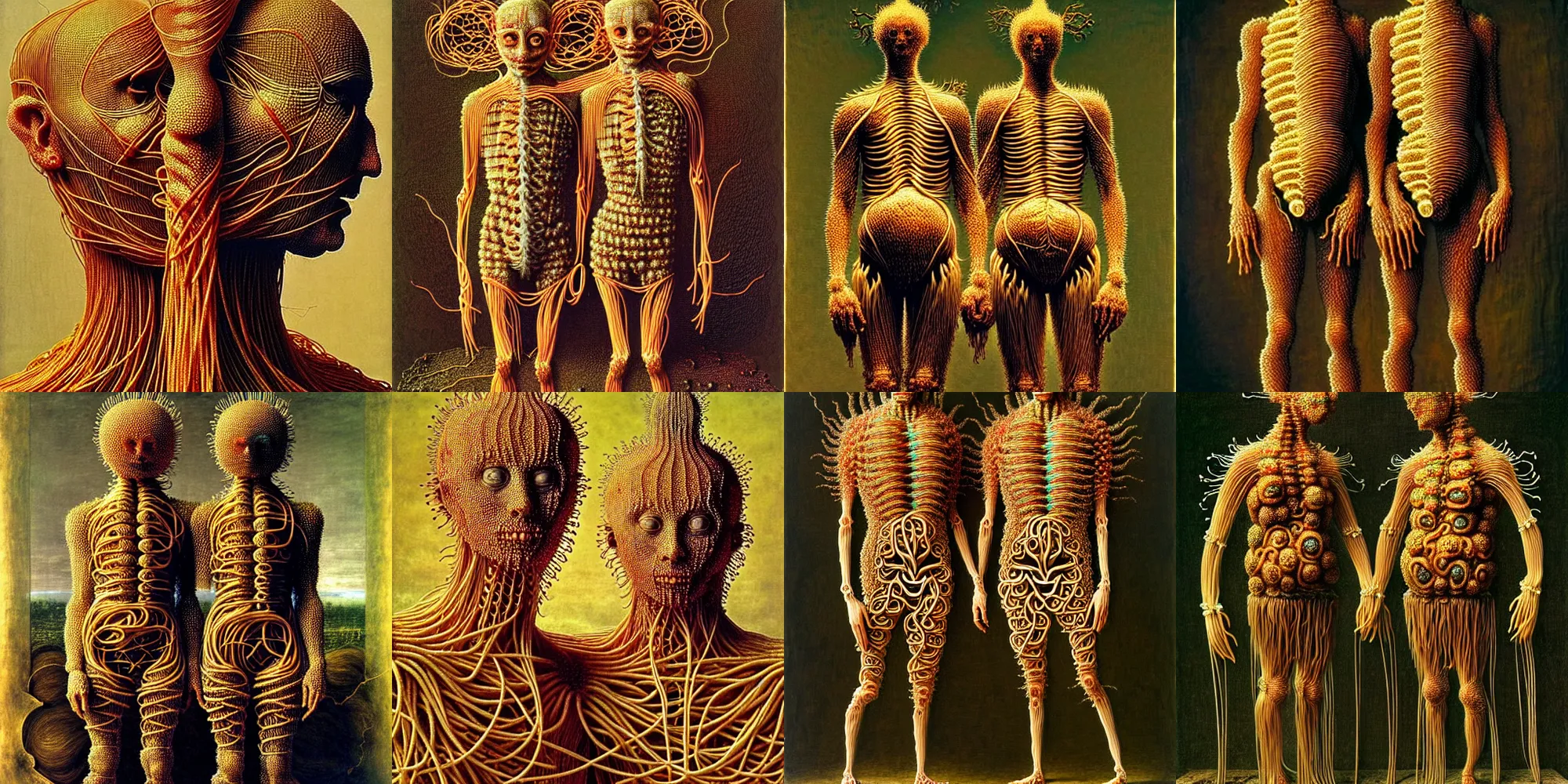 Prompt: full body shot of siamese twins made of spaghetti, intricate armor made of fractals of spagetthi, highly detailed, by giuseppe arcimboldo and ambrosius benson, renaissance, a touch of beksinski, realistic, high definition