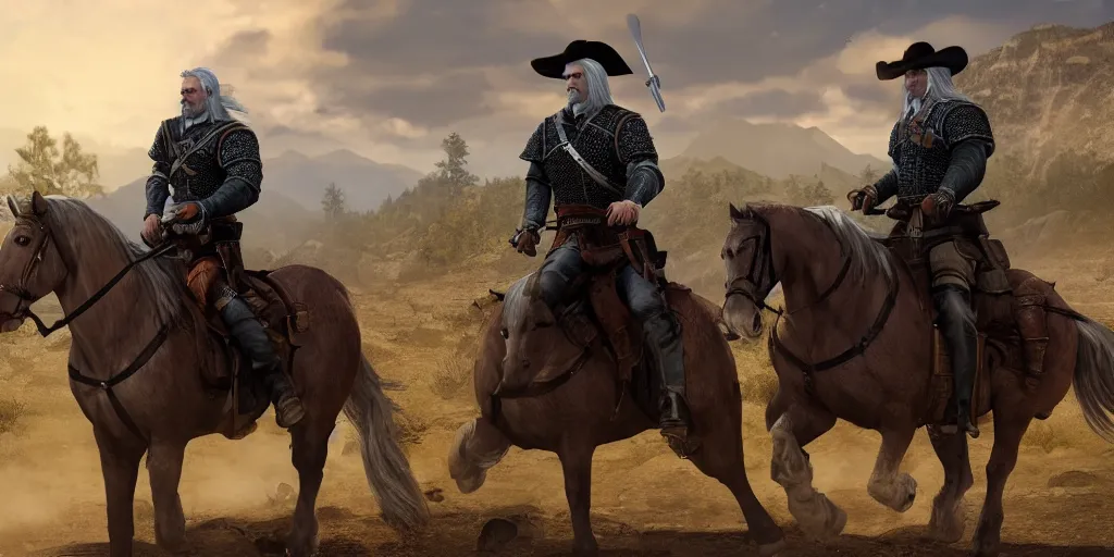 Prompt: geralt from rivia riding on a horse in wild west with hat and revolver