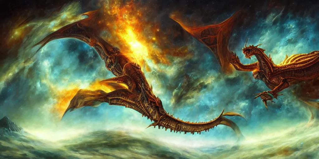 Prompt: cinematic shot of an alien dragon flying in front of an epic nebula, Dan Seagrave art