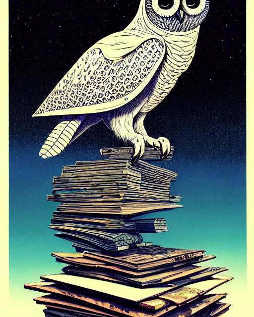 Prompt: side view of a majestic owl sitting on pile of books, high details, bold line art, by vincent di fate and joe fenton, inking, etching, screen print, masterpiece, trending on artstation, sharp, high contrast, hyper - detailed,, hd, 4 k, 8 k