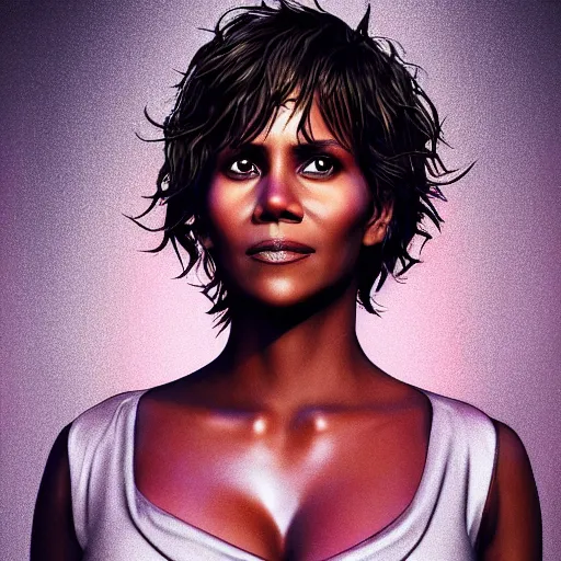 Prompt: photorealistic halle berry. hyperdetailed photorealism, 1 0 8 megapixels, river, amazing depth, glowing rich colors, powerful imagery, psychedelic overtones, 3 d finalrender, 3 d shading, cinematic lighting, artstation concept art
