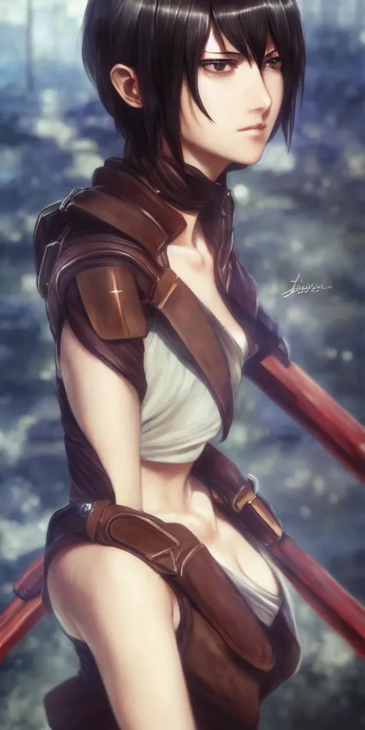 Image similar to mikasa ackerman, hero pose, medium shot, bokeh, beautiful face!!!!, 2 7 years old, cg animation, lifelike, animated, realistic, character select portrait, by artgerm, greg rutkowski, alphonse mucha, 3 d