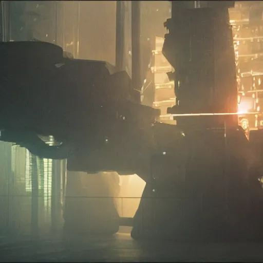 Image similar to mecha made from kitchen utensils, dark messy smoke - filled cluttered workshop, dark, dramatic lighting, orange tint, cinematic, highly detailed, sci - fi, futuristic, movie still from blade runner