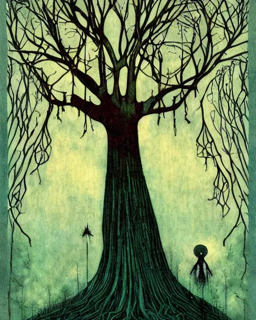 Image similar to tarot card, haunted woods, Art nouveau, by andy kehoe