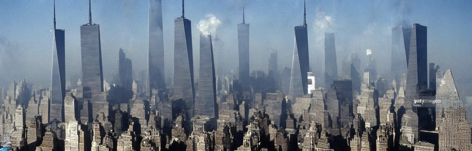 Prompt: “Mile-High Humanoid Transformer Robots of the Twin Towers ready themselves for battle Gettyimages September 11 2001 hq ap photos CNN”