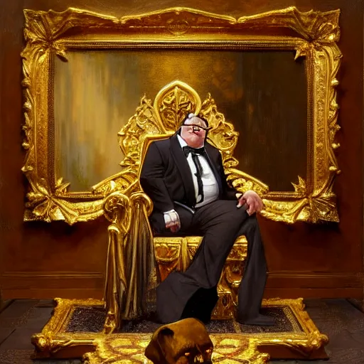 Image similar to perfectly centered portrait of peter griffin in gold gothic robe sitting on a throne of black bones, highly detailed painting by gaston bussiere, craig mullins, j. c. leyendecker, 8 k, mid shot