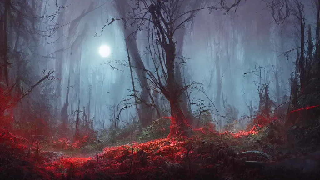 Prompt: a Photorealistic dramatic Matte painting,Looking through deep inside an Alien planets dense red forest there is a gigantic crashed spaceship,hundreds of tall gigantic monster carnivorous Red Venus Flytrap plants and glowing bulbs,translucent wet and slimy plant life by Greg Rutkowski,Craig Mullins,James Paick,Nicolas Bouvier SPARTH,a misty haze,Beautiful dramatic dark moody nighttime lighting,Cinematic Atmosphere,Volumetric,Terragen,Octane Render,artstation,8k