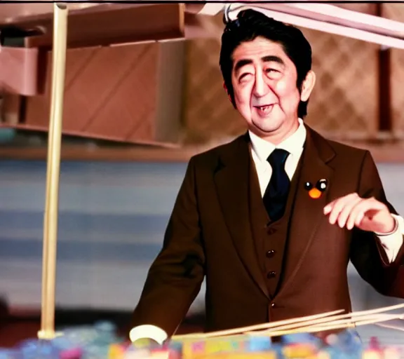 Image similar to a film still of shinzo abe in willy wonka's chocolate factory 1 9 7 3