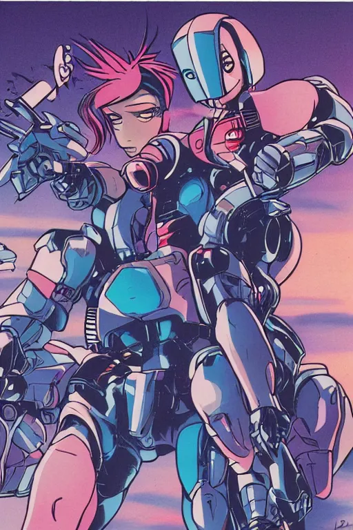Prompt: boomers from bubblegum crisis at dusk, a color illustration by masamune shirow