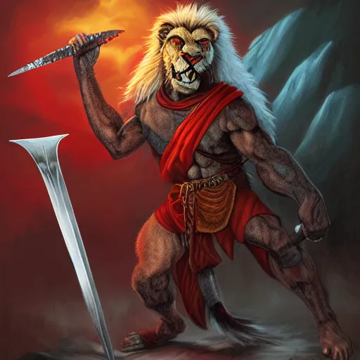 Prompt: a tiefling lion - man barbarian with black fur and red eyes, wielding a greatsword, high quality digital painting by larry elmore and jeff easley