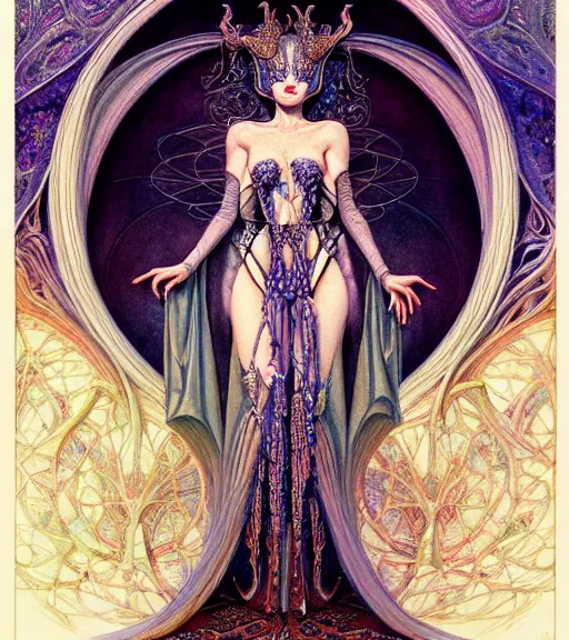 Image similar to symmetrical painting, a beautiful female sorceress in dress, pretty, detailed and intricate, perfect body shape, perfect face, hypermaximalist, elegant, ornate, luxury, elite, matte painting, cinematic lighting, james jean, brian froud, wayne barlowe,