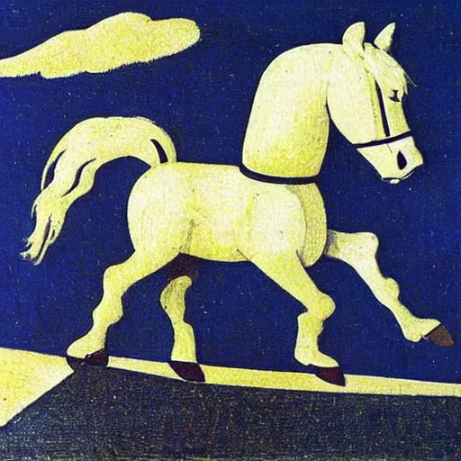 Image similar to horse flying over an austronaut that stays on the ground. by kazimir malevich